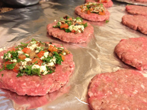 Stuffing burgers with veggie and blue cheese filling using 2-2oz patties for each burger
